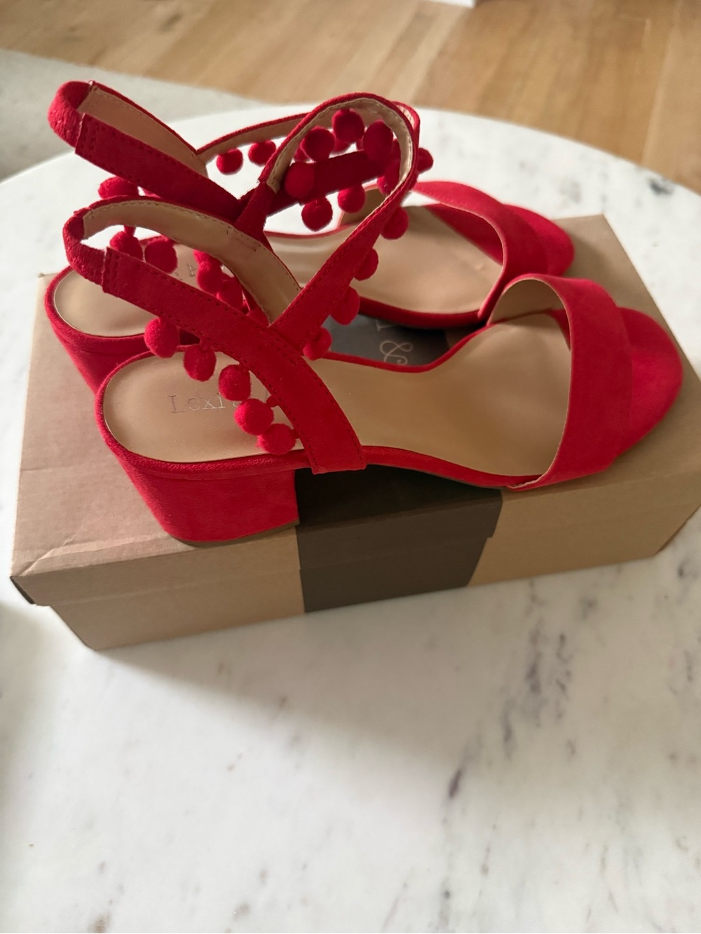 Women's Red Pom-Trim Block Heel Sandals